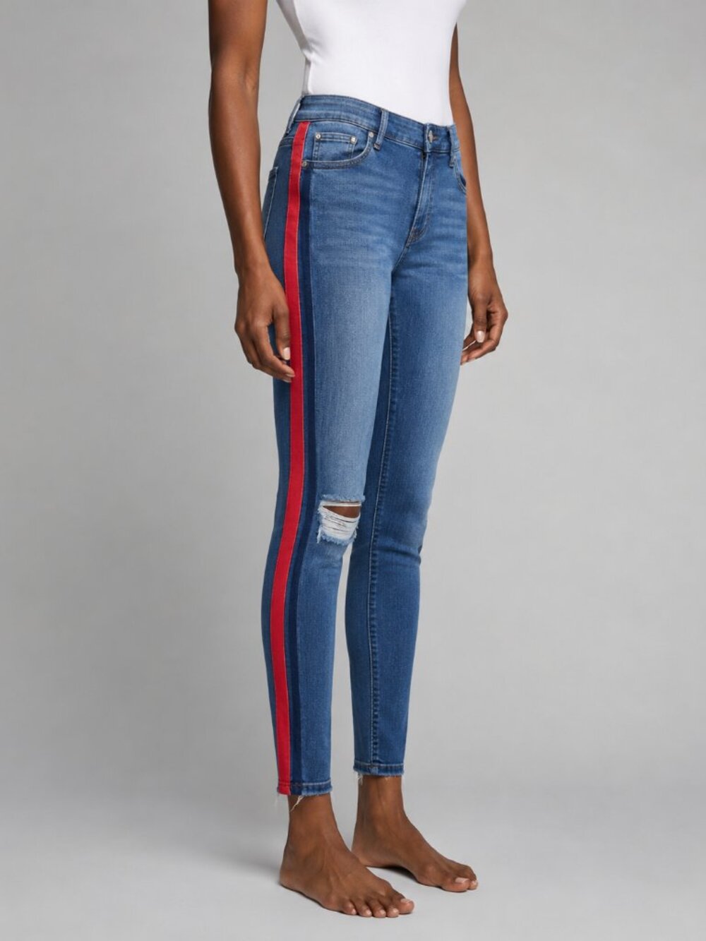 EXPRESS! Red Side Stripe Skinny Jeans Distressed Stretch Denim